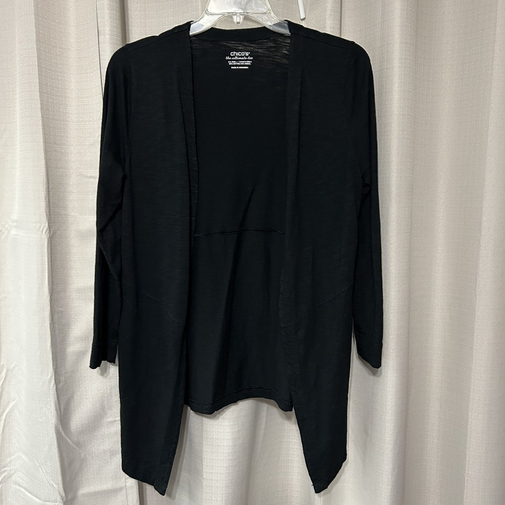 Chico's The Ultimate Tee Open Front Cardigan Women's Size 2 / L Black Slub Knit
